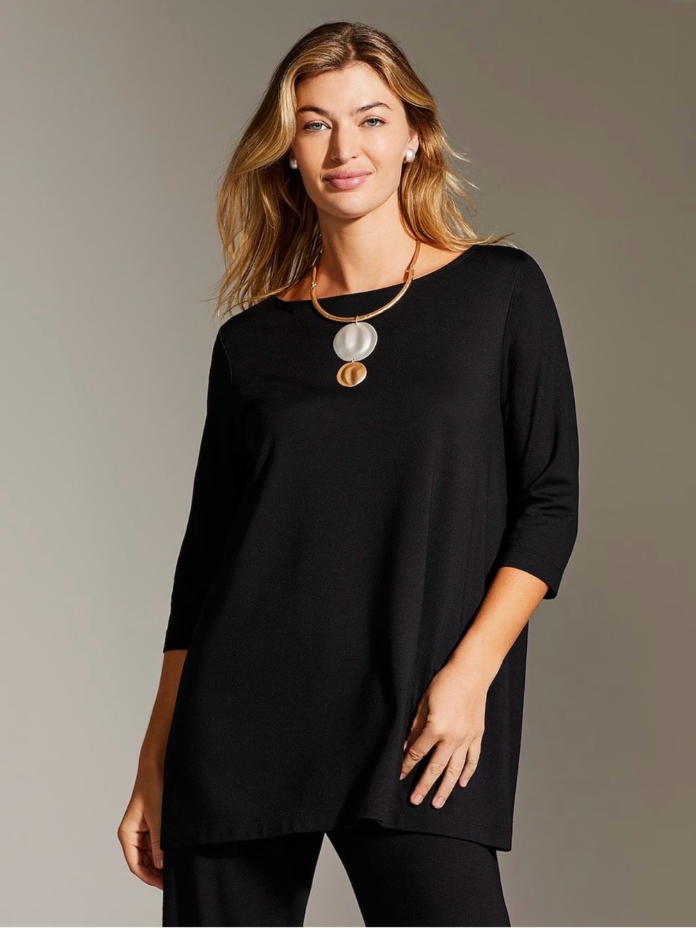 Bryn Walker Piera Ponti Elbow Sleeve Top Womens L Black Boat Neck Lagenlook NWOT